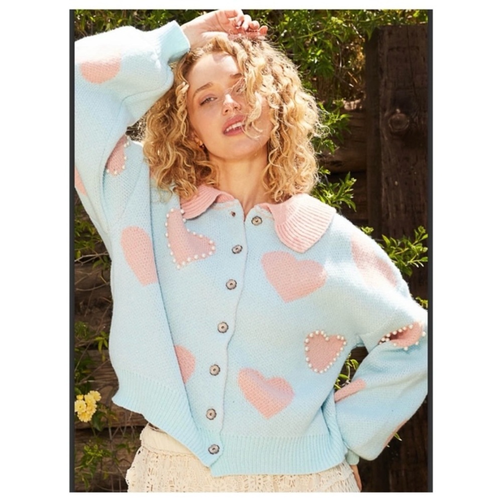 POL Heart pattern with faux pearl cardigan sweater - Picture 3 of 7